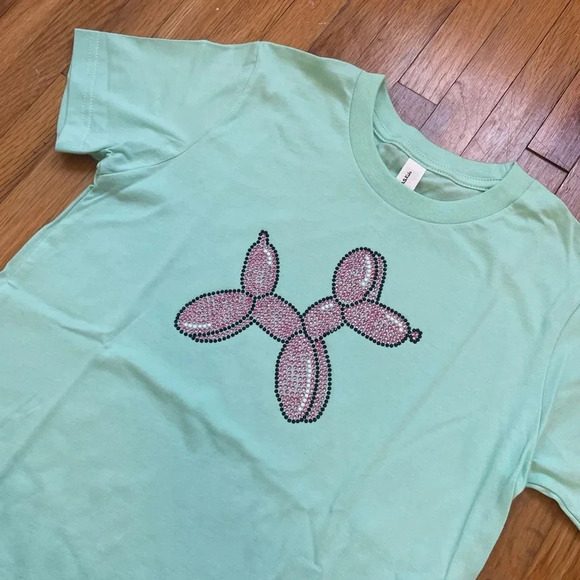 Girls Handmade Mint Green T-Shirt With Pink Rhinestone Balloon Dog Size Medium - Picture 5 of 8